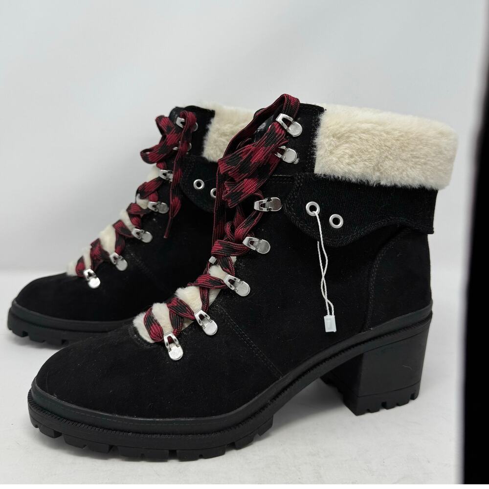 Brand New Pop Women's 11M Romaine Black Faux Fur Trim Heeled Booties Boots